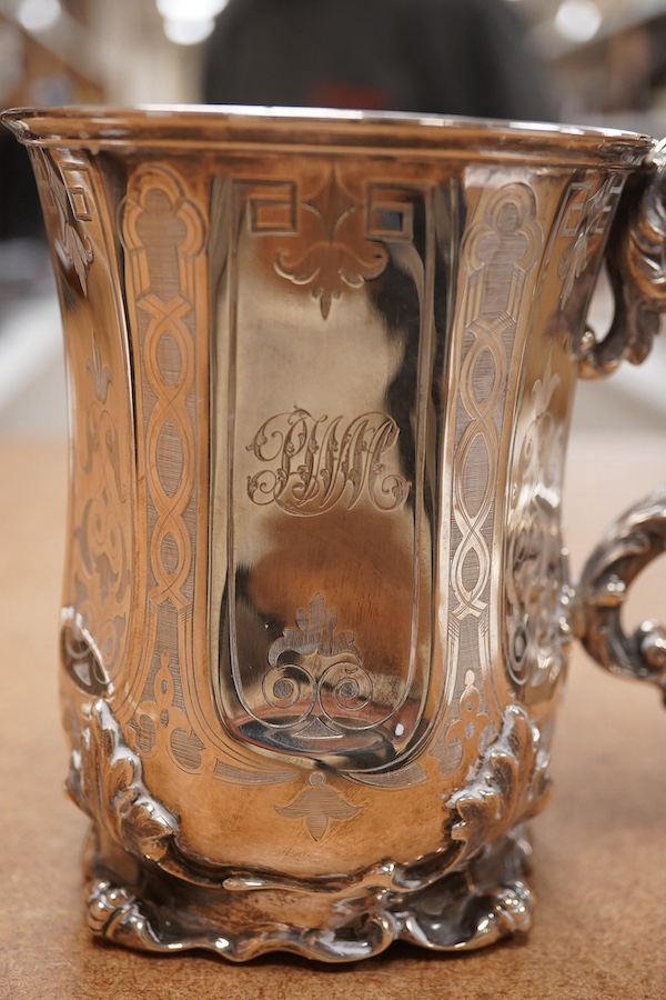 A large Victorian engraved silver christening mug, by Edward & John Barnard, London, 1856, 13.8cm, 11.4oz. Condition - fair to good